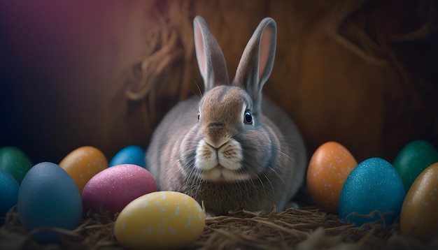 Un coniglietto siede tra le uova di Pasqua in un nido