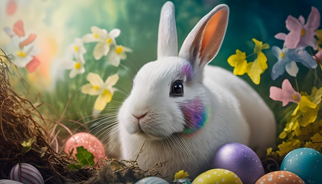 Un coniglietto siede tra uova di Pasqua e fiori