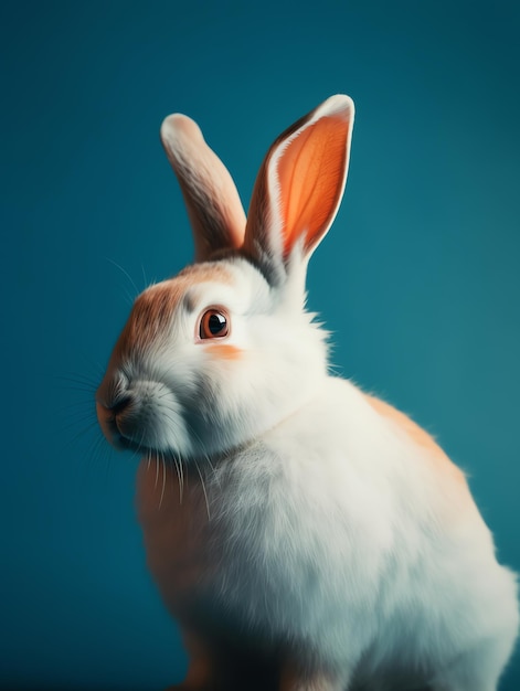 Un coniglio bianco con gli occhi arancioni siede su uno sfondo blu.