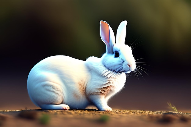 Un coniglio bianco con un naso nero si siede su una superficie sporca.