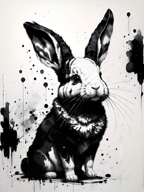 Un coniglio bianco e nero con lunghi baffi è su uno sfondo bianco.