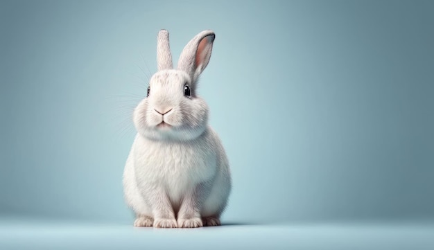 Un coniglio bianco seduto sopra uno sfondo blu con uno sfondo blu
