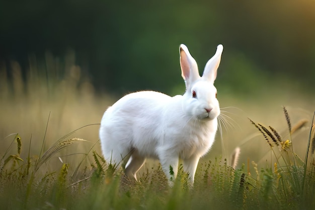 Un coniglio bianco si trova in un campo con il sole che splende su di esso.