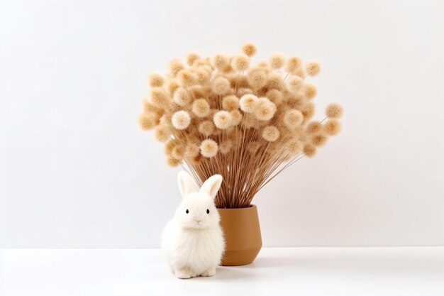 Un coniglio bianco siede accanto a un mazzo di fiori.