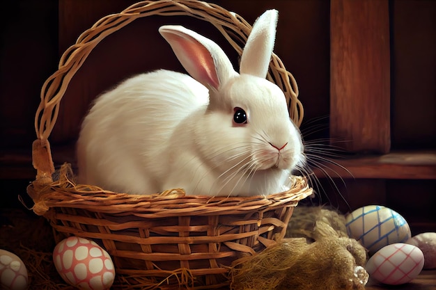 Un coniglio bianco siede in un cestino con le uova