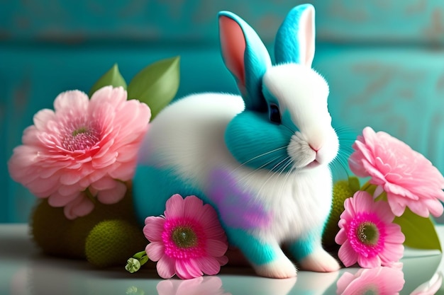Un coniglio blu e bianco con fiori rosa