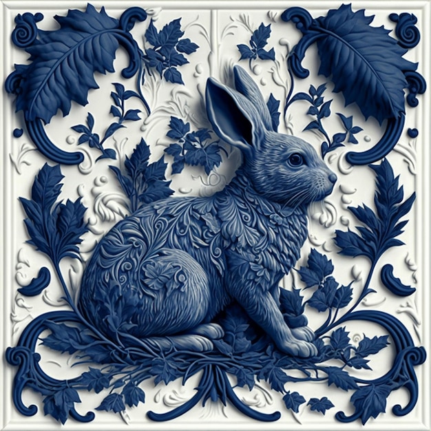 Un coniglio blu è seduto su un motivo floreale.