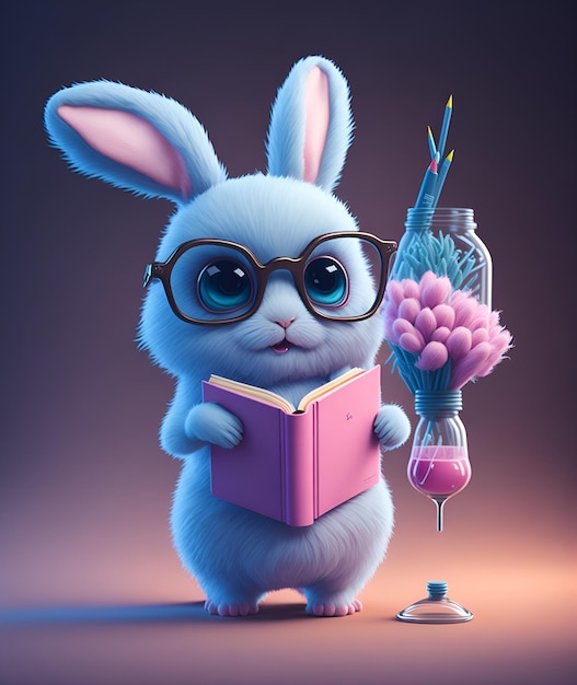Un coniglio cartone animato con gli occhiali che legge un libro.