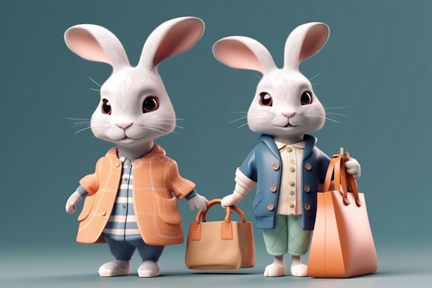 Un coniglio cartone animato e una borsa di vestiti
