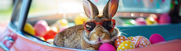 Un coniglio che indossa occhiali da sole accanto alle uova di Pasqua in un'auto d'epoca in una giornata di sole