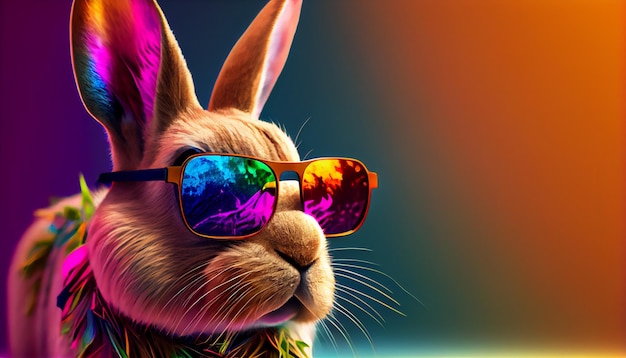 Un coniglio che indossa occhiali da sole e occhiali arcobaleno