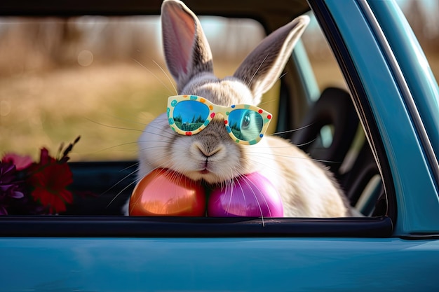 Un coniglio che indossa occhiali da sole e occhiali da sole arcobaleno colorati siede in un'auto con un finestrino.
