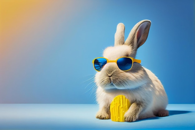 Un coniglio che indossa occhiali da sole e una banana gialla su sfondo blu