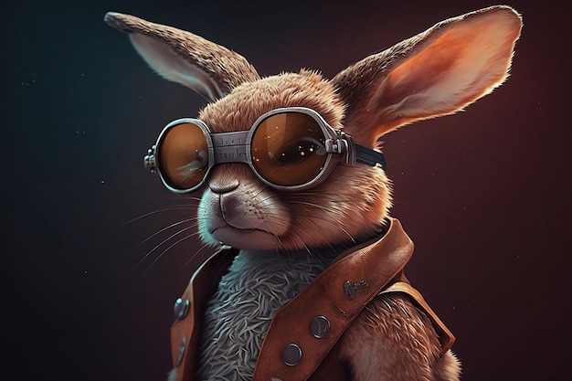 Un coniglio che indossa occhiali e una giacca di pelle si trova di fronte a uno sfondo scuro.