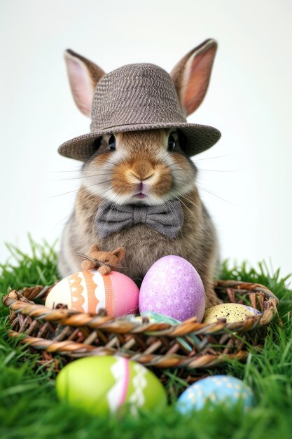 Un coniglio che indossa un cappello e un papillon emerge dall'uovo con bellissime conchiglie colorate