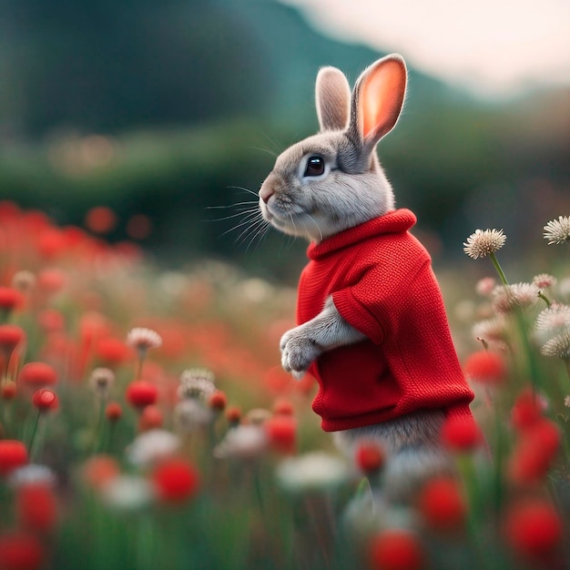 Un coniglio che indossa un maglione rosso fiore del paesaggio naturale