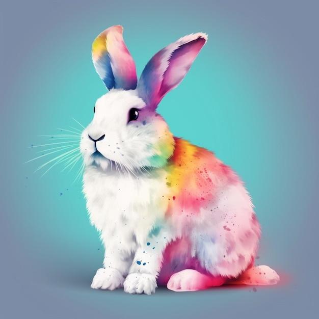 Un coniglio colorato con una faccia bianca e un naso nero siede su uno sfondo blu.