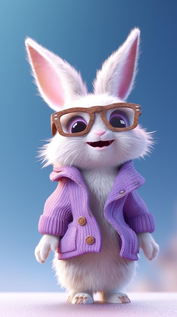 Un coniglio con gli occhiali e un maglione viola