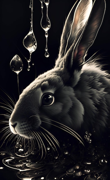 Un coniglio con gocce d'acqua sulla faccia