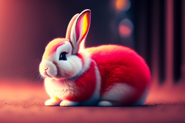 Un coniglio con il corpo rosso e le orecchie bianche è seduto su un tappeto.