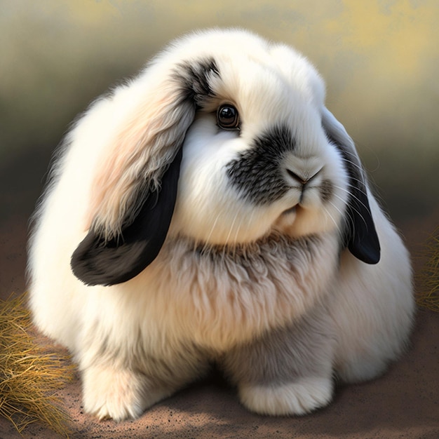 Un coniglio con le orecchie nere e la faccia bianca.