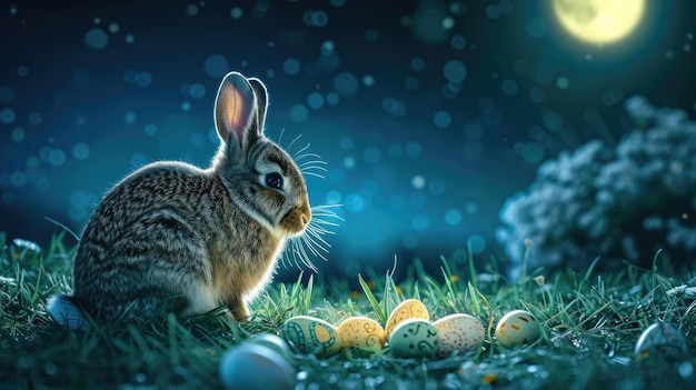 Un coniglio con le uova di Pasqua si siede nell'erba sotto la luna piena