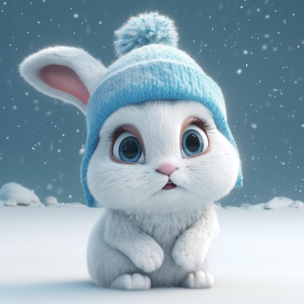 Un coniglio con un cappello blu è seduto nella neve.