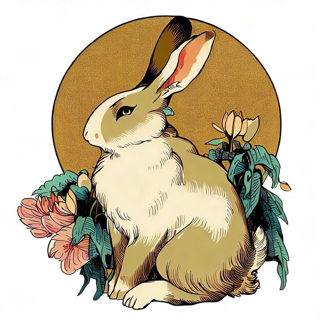 Un coniglio con un cerchio giallo sullo sfondo è circondato da fiori.
