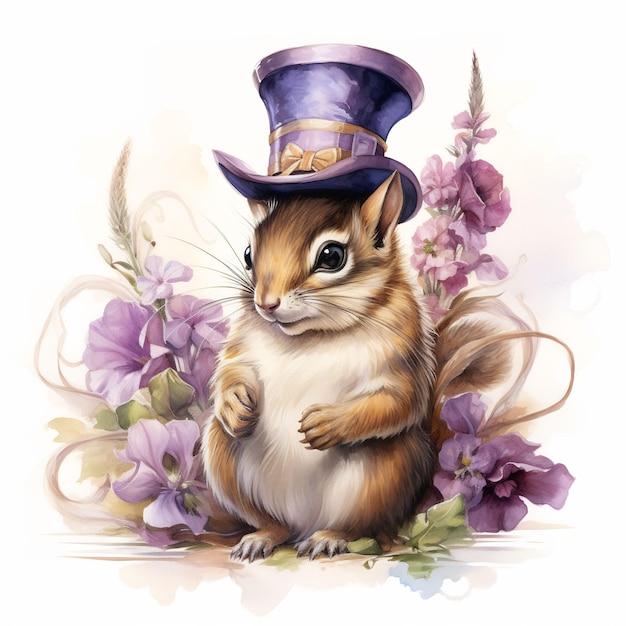un coniglio con un cilindro viola e un cappello a cilindro viola