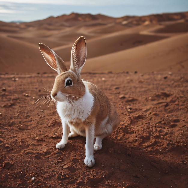 Un coniglio con un colletto bianco siede nel deserto.