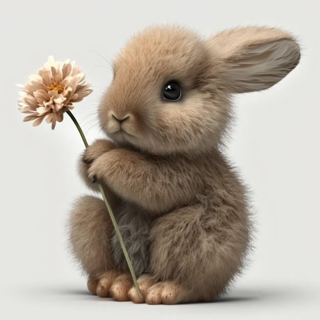 Un coniglio con un fiore in bocca tiene in mano un fiore.