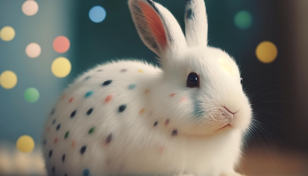 Un coniglio con un motivo arcobaleno sulla faccia si trova in una scatola con uno sfondo sfocato.