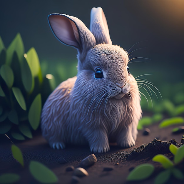 Un coniglio con un occhio azzurro è in piedi davanti a dei cespugli verdi