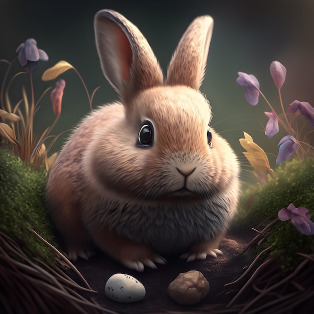 Un coniglio con un uovo in bocca si trova in una zona erbosa.