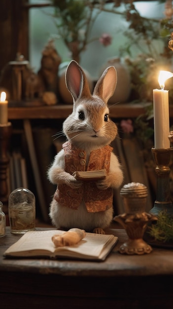 Un coniglio con una candela sullo sfondo