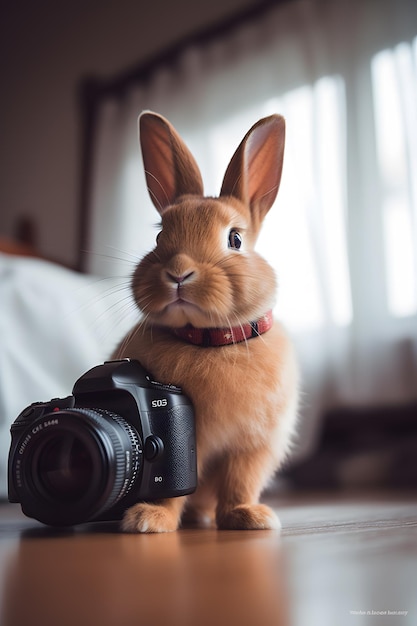 Un coniglio con una macchina fotografica sul collo