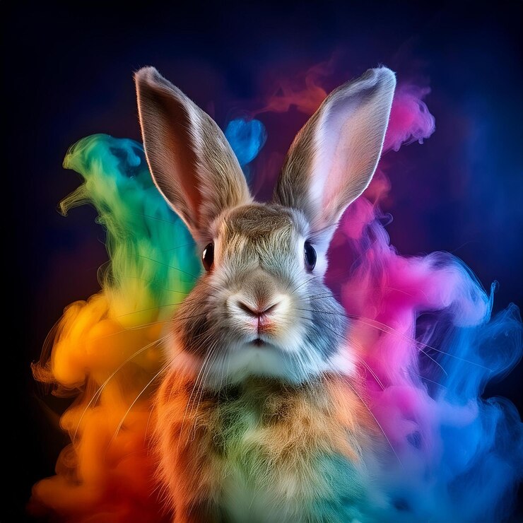 Foto un coniglio con uno sfondo color arcobaleno e la parola coniglio su di esso