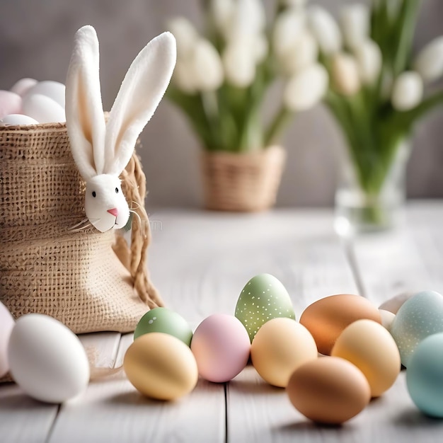 un coniglio coniglio è seduto accanto a un cesto di uova