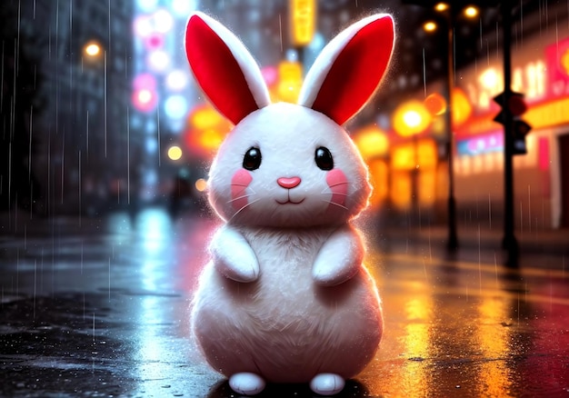 Un coniglio di peluche giace sotto la pioggia sull'asfalto fradicio nel centro della metropoli Generative AI