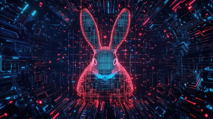 Un coniglio digitale appare in una griglia luminosa di linee e punti