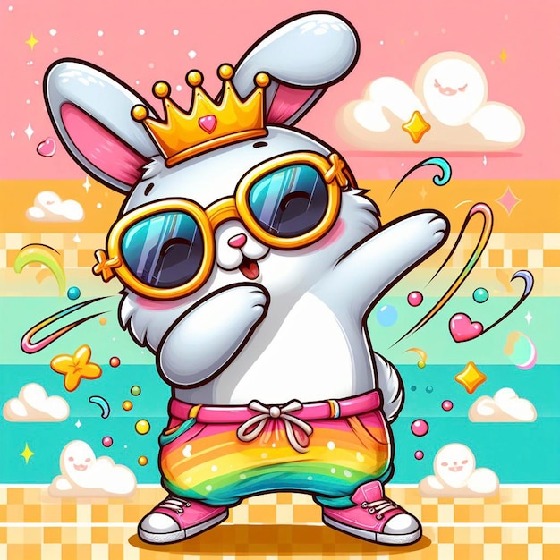 Un coniglio divertente che indossa abiti colorati e occhiali da sole che danza sullo sfondo pastello