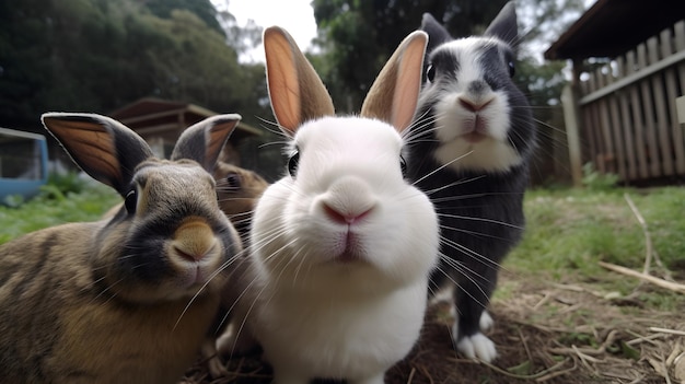 Un coniglio è circondato da altri conigli.