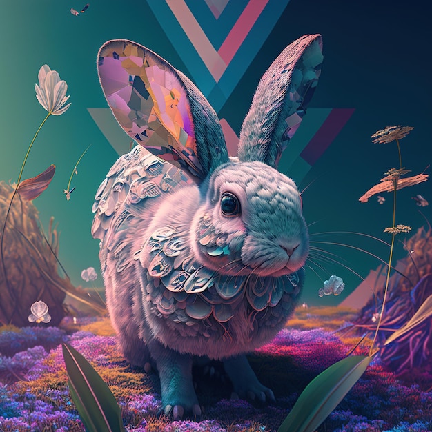 Un coniglio è raffigurato in un poster colorato con un disegno geometrico