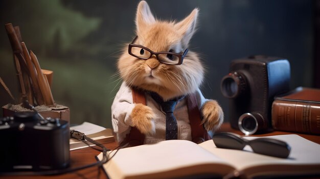 Un coniglio è seduto a una scrivania con un libro e una macchina fotografica.