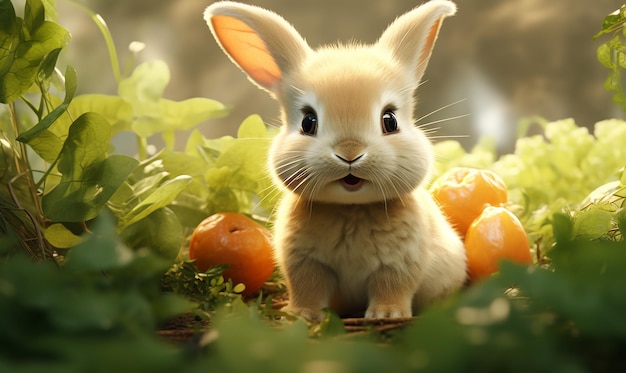 un coniglio è seduto nell'erba con alcuni pomodori
