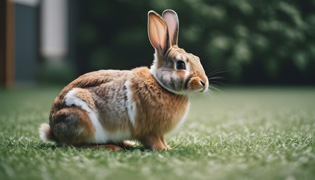 un coniglio è seduto nell'erba con una macchia bianca sulla schiena