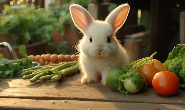 un coniglio è seduto su un tavolo di legno con verdure e uova