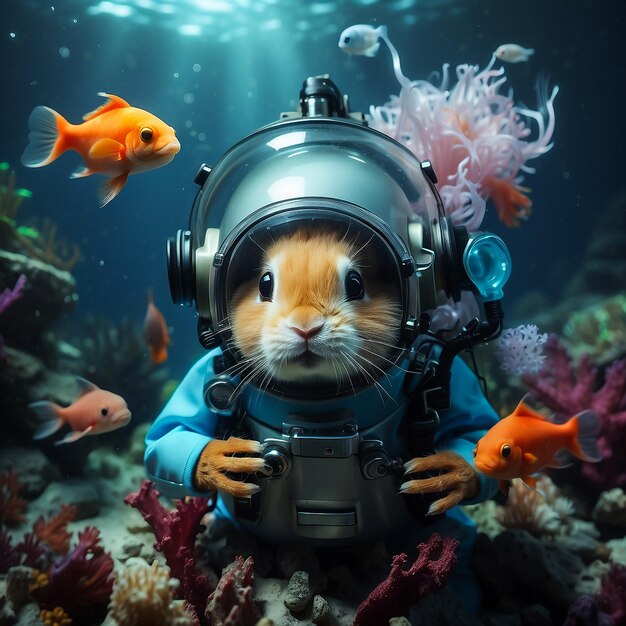 Un coniglio è sott'acqua.