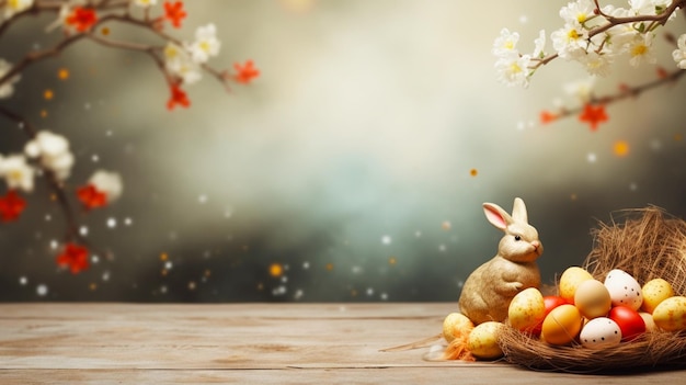un coniglio e un coniglio sono seduti su un tavolo con dei fiori