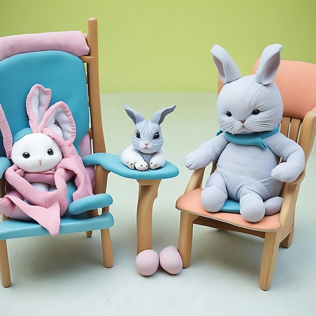 Un coniglio e un gattino giocattolo fatti a mano sono seduti su una sedia Ai generativa